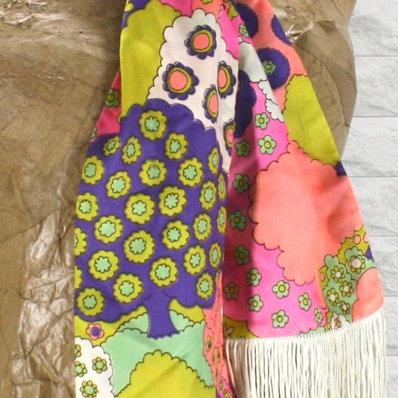 VINTAGE Scarf Retro Abstract Floral Fringe Belt Headband Rectangle 72 x 5 - Picture 2 of 9